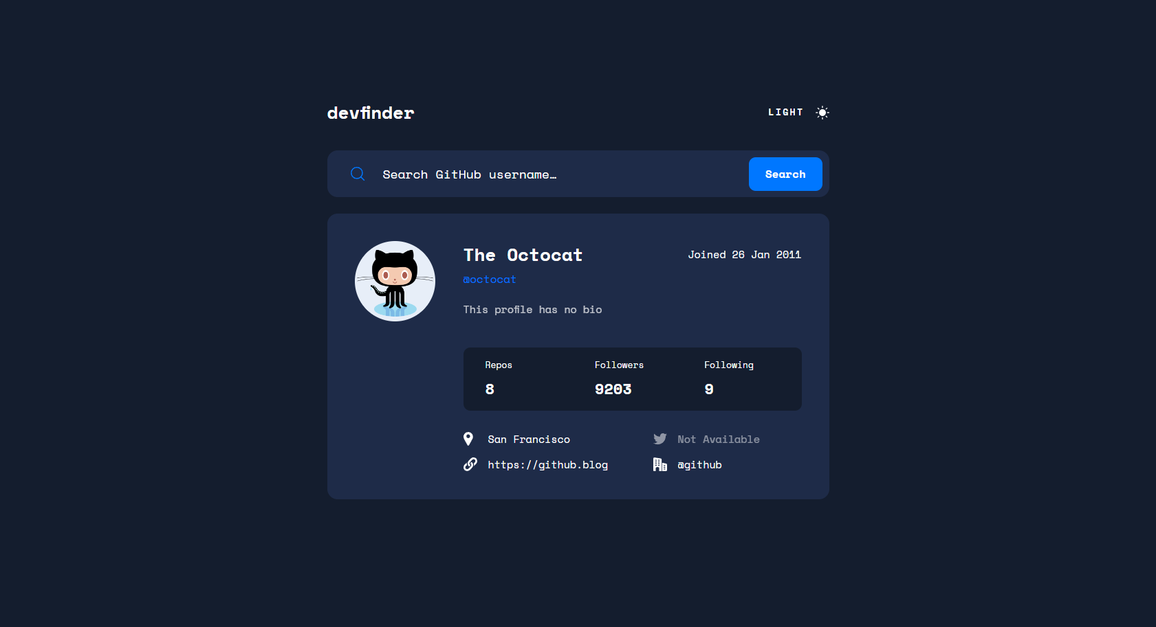 Screenshot of the desktop view of Dev Finder app